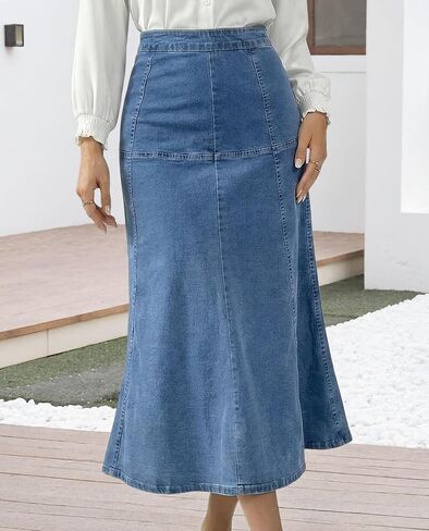 Women's Fishtail Denim Midi Skirt High Waisted A-Line Washed Elegant Flared Casual Jean Skirt in Kuwait