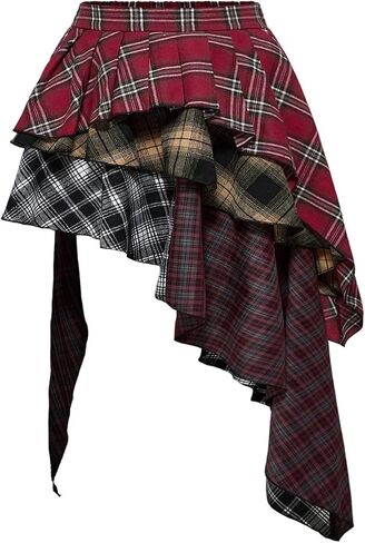 WDIRARA Women's Plus Size Patchwork Plaid Layered Ruffle Skirt Y2k Elastic Waist Asymmetrical Skirts in Kuwait