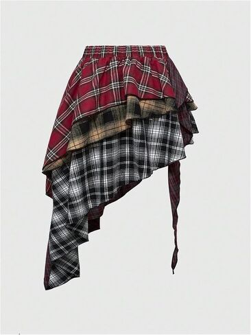 WDIRARA Women's Plus Size Patchwork Plaid Layered Ruffle Skirt Y2k Elastic Waist Asymmetrical Skirts in Kuwait