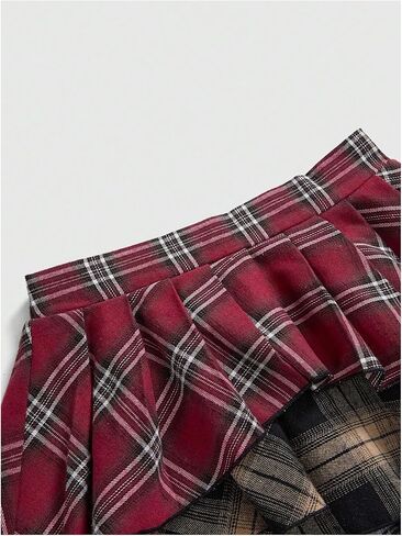 WDIRARA Women's Plus Size Patchwork Plaid Layered Ruffle Skirt Y2k Elastic Waist Asymmetrical Skirts in Kuwait