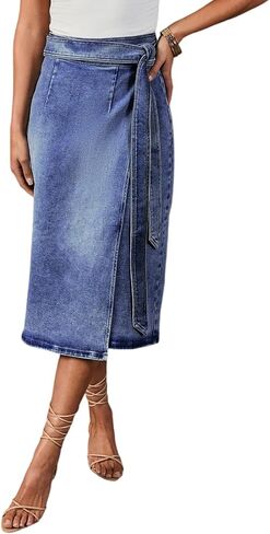 yoeasy Women's Wrap Denim Midi Skirt Tie Side High Waist A-Line Jean Long Skirts in Kuwait
