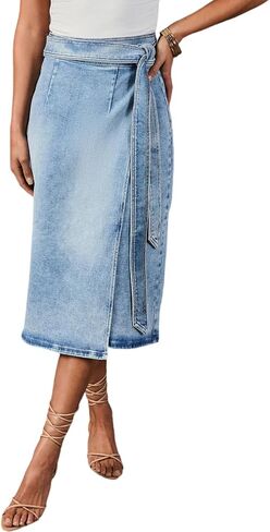 yoeasy Women's Wrap Denim Midi Skirt Tie Side High Waist A-Line Jean Long Skirts in Kuwait