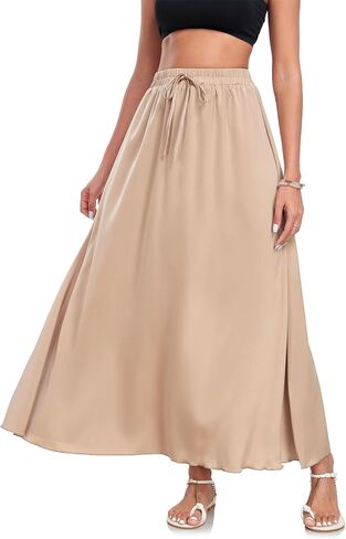 VOGMATE Women Maxi Skirts Casual Trendy Elastic High Waisted A Line Flowy Swing Long Skirt with Drawstring in Saudi Arabia