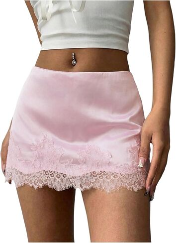 Floerns Women's Elegant Satin Lace Skirt Low Rise Patchwork Going Out Mini Skirt in Kuwait