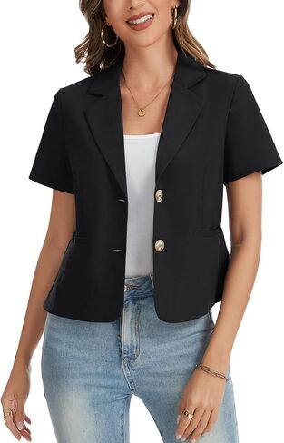 Cotton Linen Blazers for Women Business Casual Two Buttons Short Sleeve Cropped Jackets Work Office Lapel Blazer in Kuwait