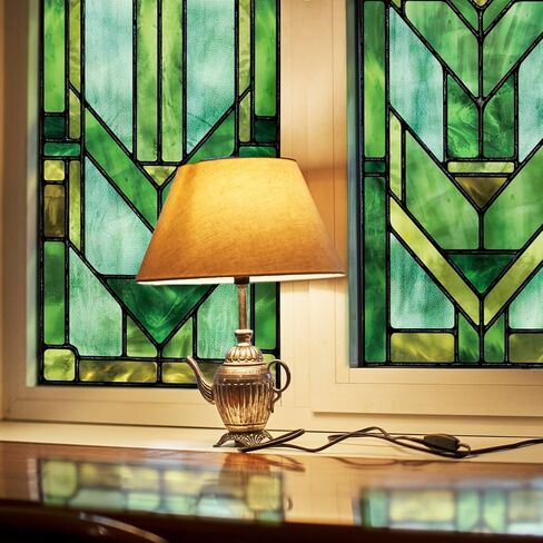 Original Hand Drawn Faux Stained Glass Window Film, Double-Sided Privacy Static Film, Vibrant Chartreuse Geometry Patterns Inspired by Martin House Peep Proof 16.93"X84.65" in Kuwait