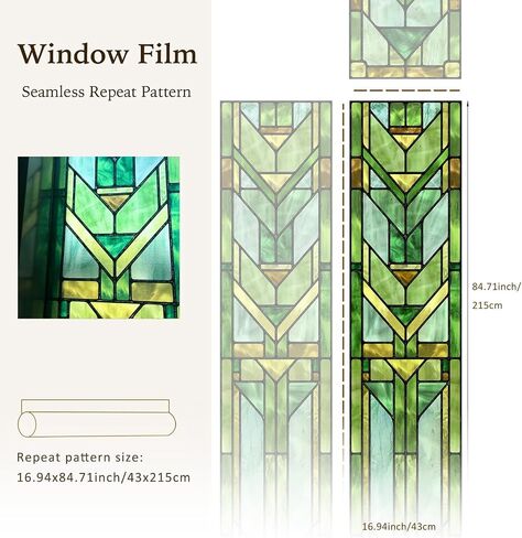Original Hand Drawn Faux Stained Glass Window Film, Double-Sided Privacy Static Film, Vibrant Chartreuse Geometry Patterns Inspired by Martin House Peep Proof 16.93"X84.65" in Kuwait