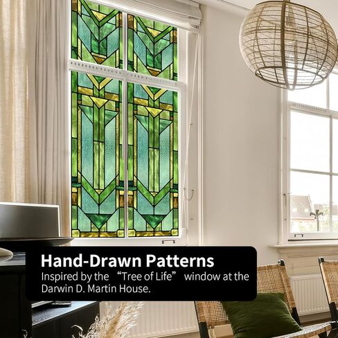 Original Hand Drawn Faux Stained Glass Window Film, Double-Sided Privacy Static Film, Vibrant Chartreuse Geometry Patterns Inspired by Martin House Peep Proof 16.93"X84.65" in Kuwait