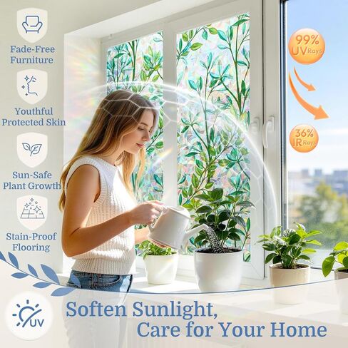 DOWELL Window Privacy Film, Rainbow Stained Glass Cover, Decorative Privacy Window Film, Static Cling Heat Control Door Sticker, Sun Block UV Protection Glass Cover, Prism Leaf, 17.5" x 78.7" in Saudi Arabia