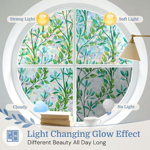 DOWELL Window Privacy Film, Rainbow Stained Glass Cover, Decorative Privacy Window Film, Static Cling Heat Control Door Sticker, Sun Block UV Protection Glass Cover, Prism Leaf, 17.5" x 78.7" in Saudi Arabia