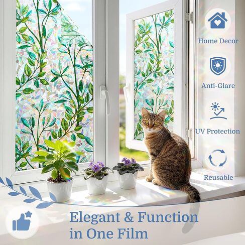 DOWELL Window Privacy Film, Rainbow Stained Glass Cover, Decorative Privacy Window Film, Static Cling Heat Control Door Sticker, Sun Block UV Protection Glass Cover, Prism Leaf, 17.5" x 78.7" in Saudi Arabia