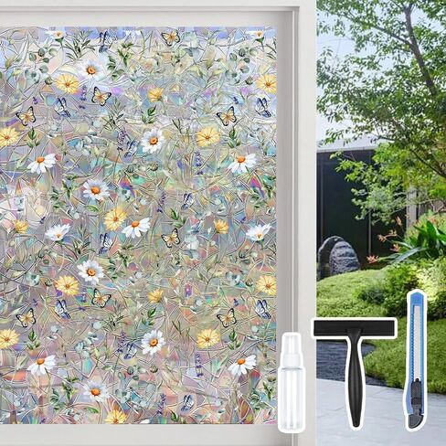 Rainbow Window Clings Decals - Large Summer Window Privacy Film Decor - Removable Static Cling for Glass Windows (Butterfly Flower, 17.5"*78.7") in Saudi Arabia