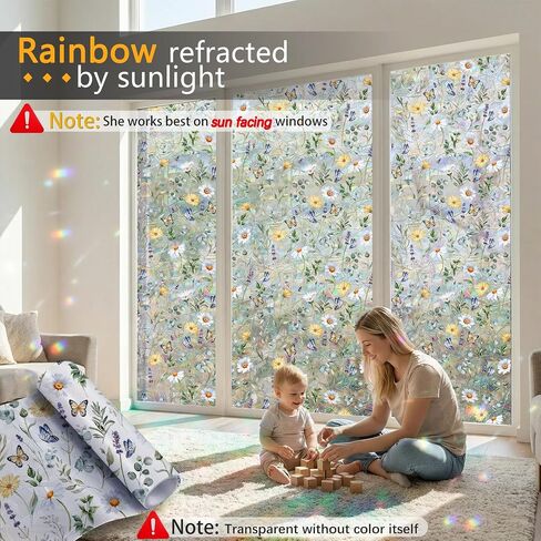 Rainbow Window Clings Decals - Large Summer Window Privacy Film Decor - Removable Static Cling for Glass Windows (Butterfly Flower, 17.5"*78.7") in Saudi Arabia