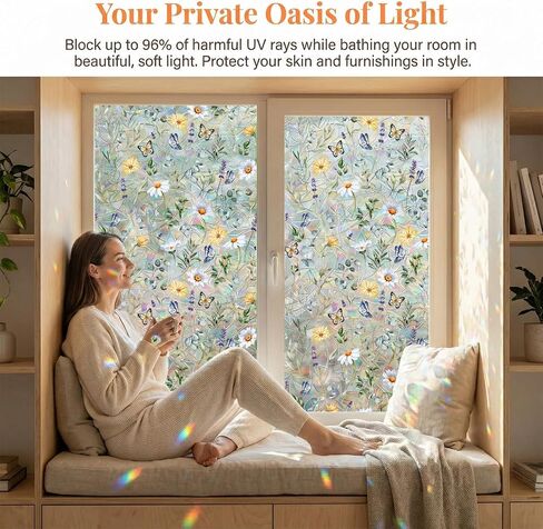 Rainbow Window Clings Decals - Large Summer Window Privacy Film Decor - Removable Static Cling for Glass Windows (Butterfly Flower, 17.5"*78.7") in Saudi Arabia