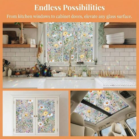 Rainbow Window Clings Decals - Large Summer Window Privacy Film Decor - Removable Static Cling for Glass Windows (Butterfly Flower, 17.5"*78.7") in Saudi Arabia