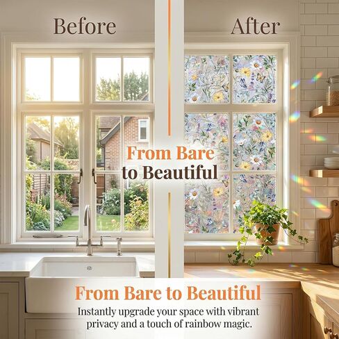 Rainbow Window Clings Decals - Large Summer Window Privacy Film Decor - Removable Static Cling for Glass Windows (Butterfly Flower, 17.5"*78.7") in Saudi Arabia