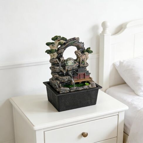 Elephant Asian Pagoda Tabletop Water Fountain, LED Crystal Ball Cascading Rock Waterfall, Indoor Outdoor Zen Decor for Home Office Patio, Soothing Relaxation Sound, Housewarming Gift in Saudi Arabia
