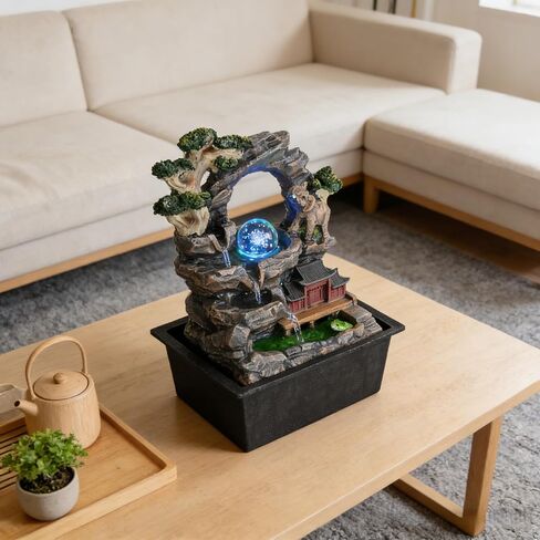 Elephant Asian Pagoda Tabletop Water Fountain, LED Crystal Ball Cascading Rock Waterfall, Indoor Outdoor Zen Decor for Home Office Patio, Soothing Relaxation Sound, Housewarming Gift in Saudi Arabia