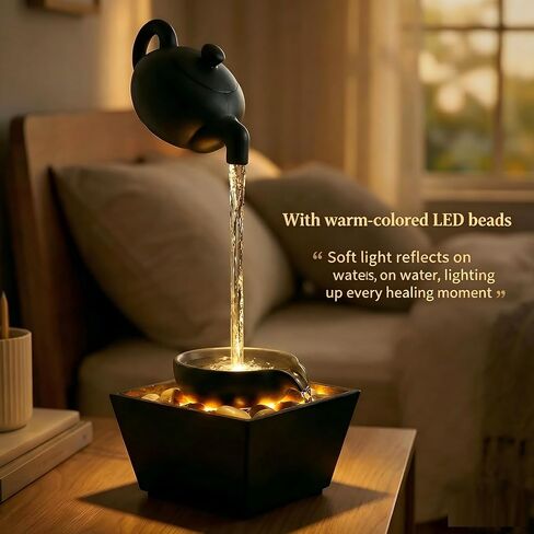 Floating Teapot Water Fountain with LED Lights, Indoor Zen Tabletop Fountain with Flowing Water and Stones for Home Office Decor in Kuwait