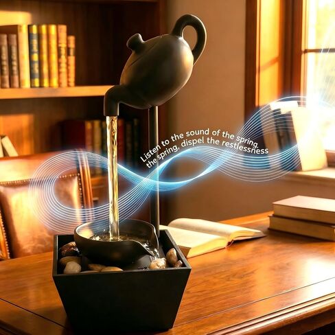 Floating Teapot Water Fountain with LED Lights, Indoor Zen Tabletop Fountain with Flowing Water and Stones for Home Office Decor in Kuwait