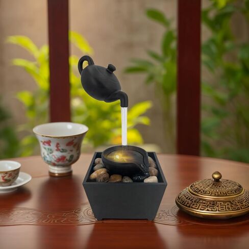 Floating Teapot Water Fountain with LED Lights, Indoor Zen Tabletop Fountain with Flowing Water and Stones for Home Office Decor in Kuwait
