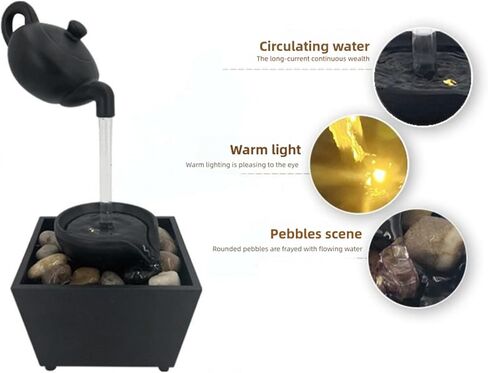 Floating Teapot Water Fountain with LED Lights, Indoor Zen Tabletop Fountain with Flowing Water and Stones for Home Office Decor in Kuwait