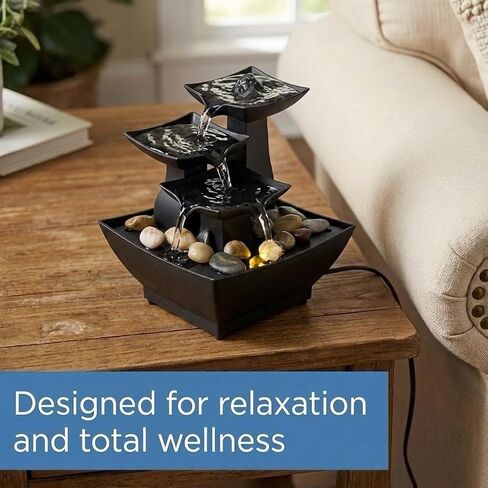 Mini Indoor Water Fountain with Yellow LED Light – USB-C Powered Tabletop Fountain with Real Stones – Compact Water Feature for Home, Office, Desk, Bedroom Decor – Black in Kuwait