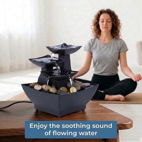 Mini Indoor Water Fountain with Yellow LED Light – USB-C Powered Tabletop Fountain with Real Stones – Compact Water Feature for Home, Office, Desk, Bedroom Decor – Black in Kuwait