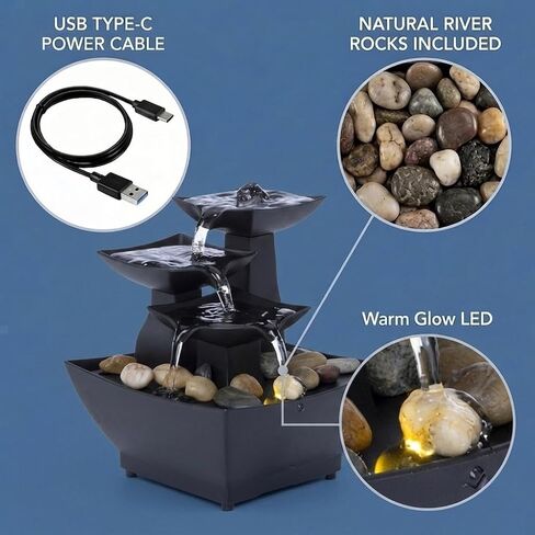 Mini Indoor Water Fountain with Yellow LED Light – USB-C Powered Tabletop Fountain with Real Stones – Compact Water Feature for Home, Office, Desk, Bedroom Decor – Black in Kuwait