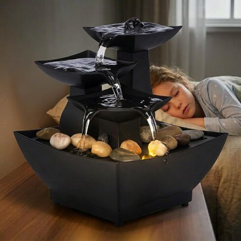 Mini Indoor Water Fountain with Yellow LED Light – USB-C Powered Tabletop Fountain with Real Stones – Compact Water Feature for Home, Office, Desk, Bedroom Decor – Black in Kuwait