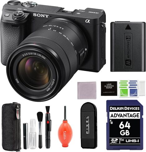 Sony a6400 Mirrorless Camera with 18-135mm f/3.5-5.6 Lens Bundle with 64GB SD Card + More | Alpha 6400 E-Mount APS-C Sensor Black in Kuwait