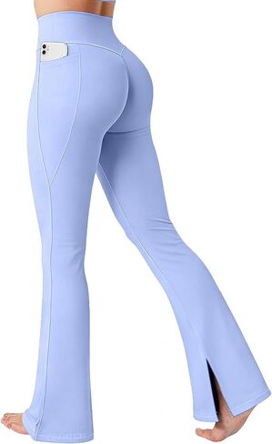 Flamingals Women's Butt Lifting Flare Leggings with Pockets High Waist Tummy Control Hidden Scrunch Mini Flared Yoga Pants in Kuwait