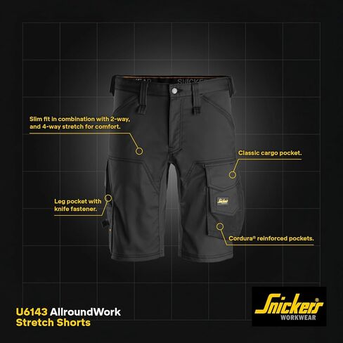 شورت Snickers Workwear U6143 للرجال قابل للتمدد من AllroundWork، شورت مطاطي متين مع ملاءمة مرنة، جيوب معززة in Kuwait