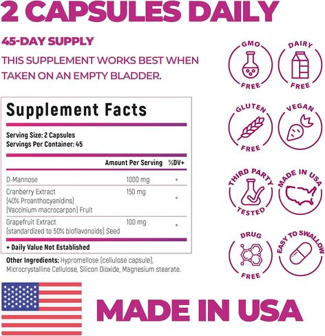Bladder Control Supplements, D Mannose with Cranberry, 1000mg for Bladder Control. Advanced Kidney Support for Urinary Tract Health. Premium Bladder, d-mannose, Detox and Repair, 90 caps, Made in USA in Saudi Arabia