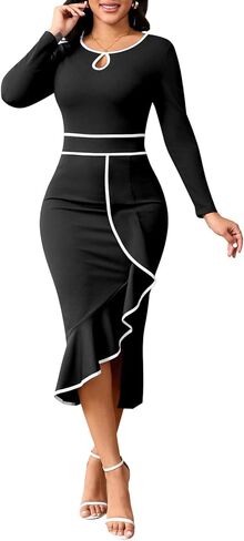 Women's Elegant Church Vintage Bodycon Dress Casual Long Sleeve Work Business Pencil Split Sheath Midi Dresses in Saudi Arabia