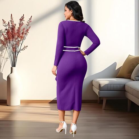 Women's Elegant Church Vintage Bodycon Dress Casual Long Sleeve Work Business Pencil Split Sheath Midi Dresses in Saudi Arabia