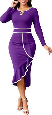Women's Elegant Church Vintage Bodycon Dress Casual Long Sleeve Work Business Pencil Split Sheath Midi Dresses in Saudi Arabia