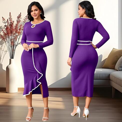Women's Elegant Church Vintage Bodycon Dress Casual Long Sleeve Work Business Pencil Split Sheath Midi Dresses in Saudi Arabia