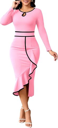 Women's Elegant Church Vintage Bodycon Dress Casual Long Sleeve Work Business Pencil Split Sheath Midi Dresses in Saudi Arabia