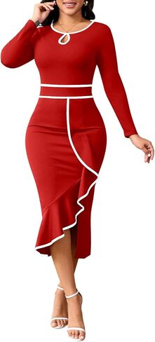 Women's Elegant Church Vintage Bodycon Dress Casual Long Sleeve Work Business Pencil Split Sheath Midi Dresses in Saudi Arabia