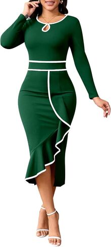 Women's Elegant Church Vintage Bodycon Dress Casual Long Sleeve Work Business Pencil Split Sheath Midi Dresses in Saudi Arabia