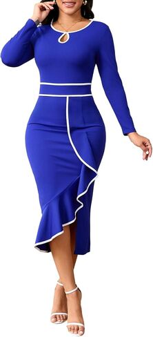 Women's Elegant Church Vintage Bodycon Dress Casual Long Sleeve Work Business Pencil Split Sheath Midi Dresses in Saudi Arabia