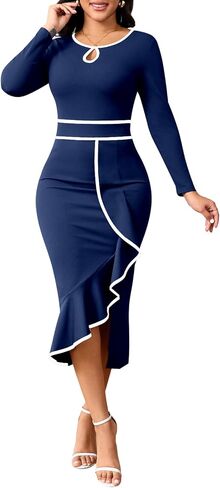 Women's Elegant Church Vintage Bodycon Dress Casual Long Sleeve Work Business Pencil Split Sheath Midi Dresses in Saudi Arabia