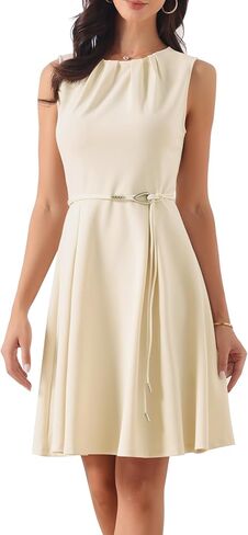 Allegra K Work Dresses for Womens Elegant Sleeveless Pleated Crew Neck Tie Waist A-line Business Casual Dress in Kuwait