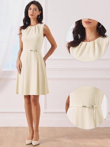 Allegra K Work Dresses for Womens Elegant Sleeveless Pleated Crew Neck Tie Waist A-line Business Casual Dress in Kuwait