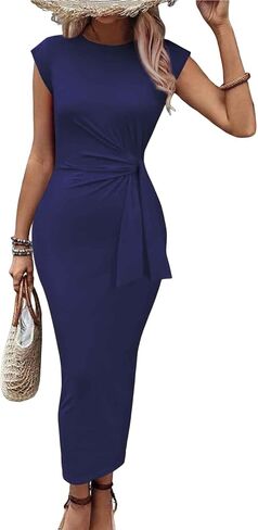 Womens Cap Sleeve Striped Fitted Work Casual Office Elegant Long Midi Dress in Saudi Arabia