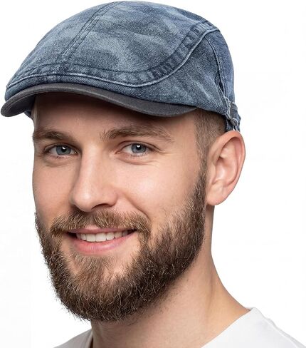 Denim Newsboy Flat Cap for Men, Adjustable Camo Hat | 100% cotton; adjustable 57-61 cm fit; geometric camo flat cap for driving, golf, travel, and casual daily wear in Saudi Arabia