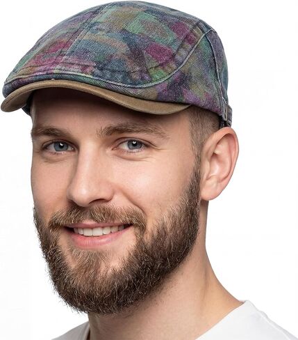 Denim Newsboy Flat Cap for Men, Adjustable Camo Hat | 100% cotton; adjustable 57-61 cm fit; geometric camo flat cap for driving, golf, travel, and casual daily wear in Saudi Arabia
