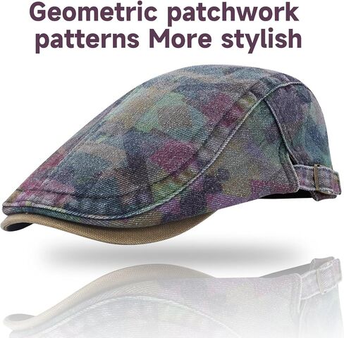 Denim Newsboy Flat Cap for Men, Adjustable Camo Hat | 100% cotton; adjustable 57-61 cm fit; geometric camo flat cap for driving, golf, travel, and casual daily wear in Saudi Arabia