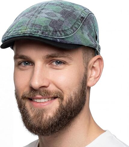 Denim Newsboy Flat Cap for Men, Adjustable Camo Hat | 100% cotton; adjustable 57-61 cm fit; geometric camo flat cap for driving, golf, travel, and casual daily wear in Saudi Arabia